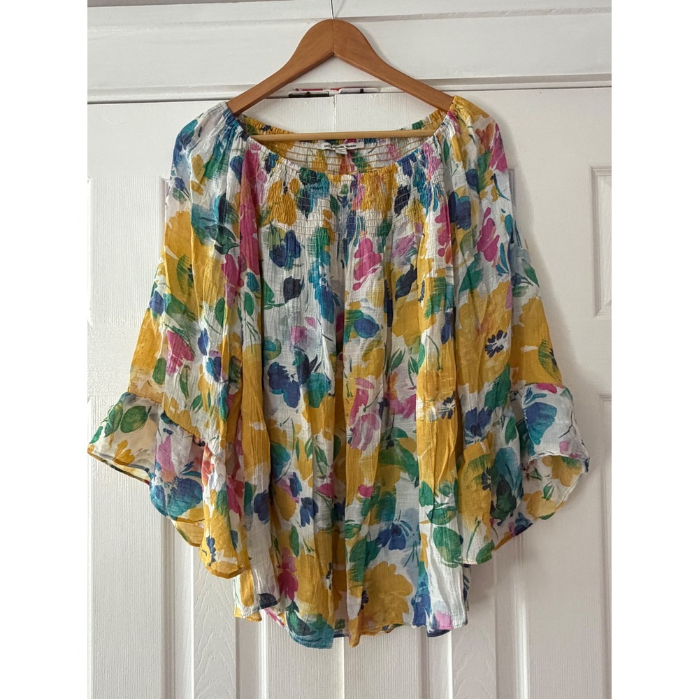 Zac & Rachel Woman Floral Smocked Off Shoulder Ruffle Sleeve Blouse Yellow 2X